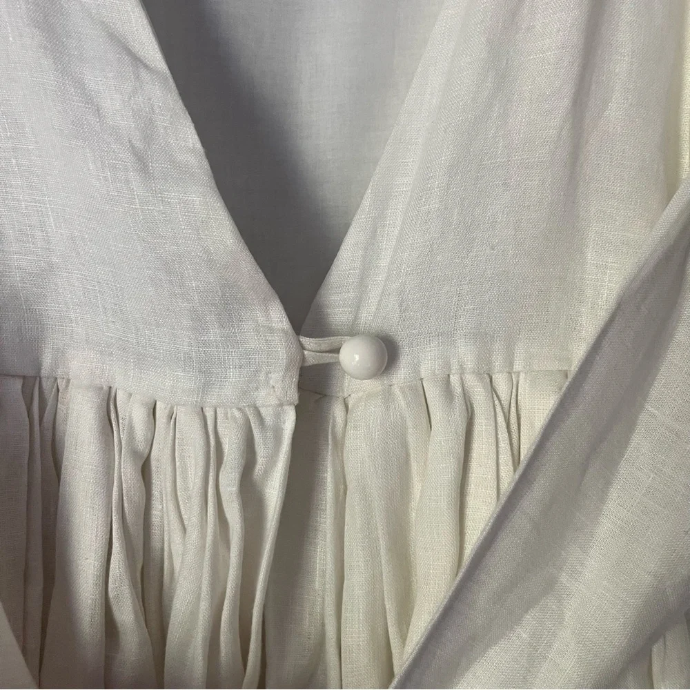 HAPPY BUTTON white linen short‎ puff sleeve babydoll full skirt tie back mini